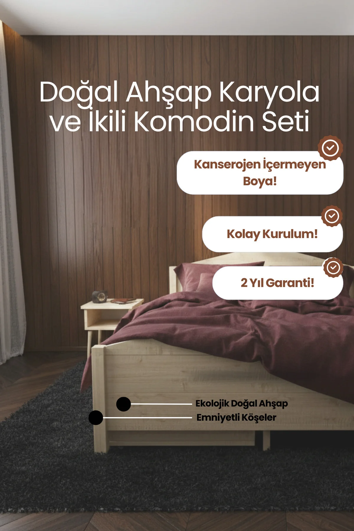 Milano Masif Çam İki Çekmeceli Karyola ve İki Adet Komodin Seti - Tekerlekli Geniş Depolama Alanı Fiyatı, Yorumları ve Özellikleri
