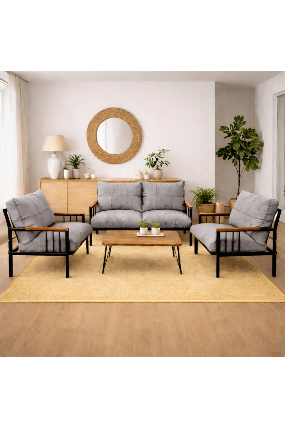 Milas 211 Sehpalı Gri Fermuarlı Bahçe Balkon Takımı, Cafe, Salon 