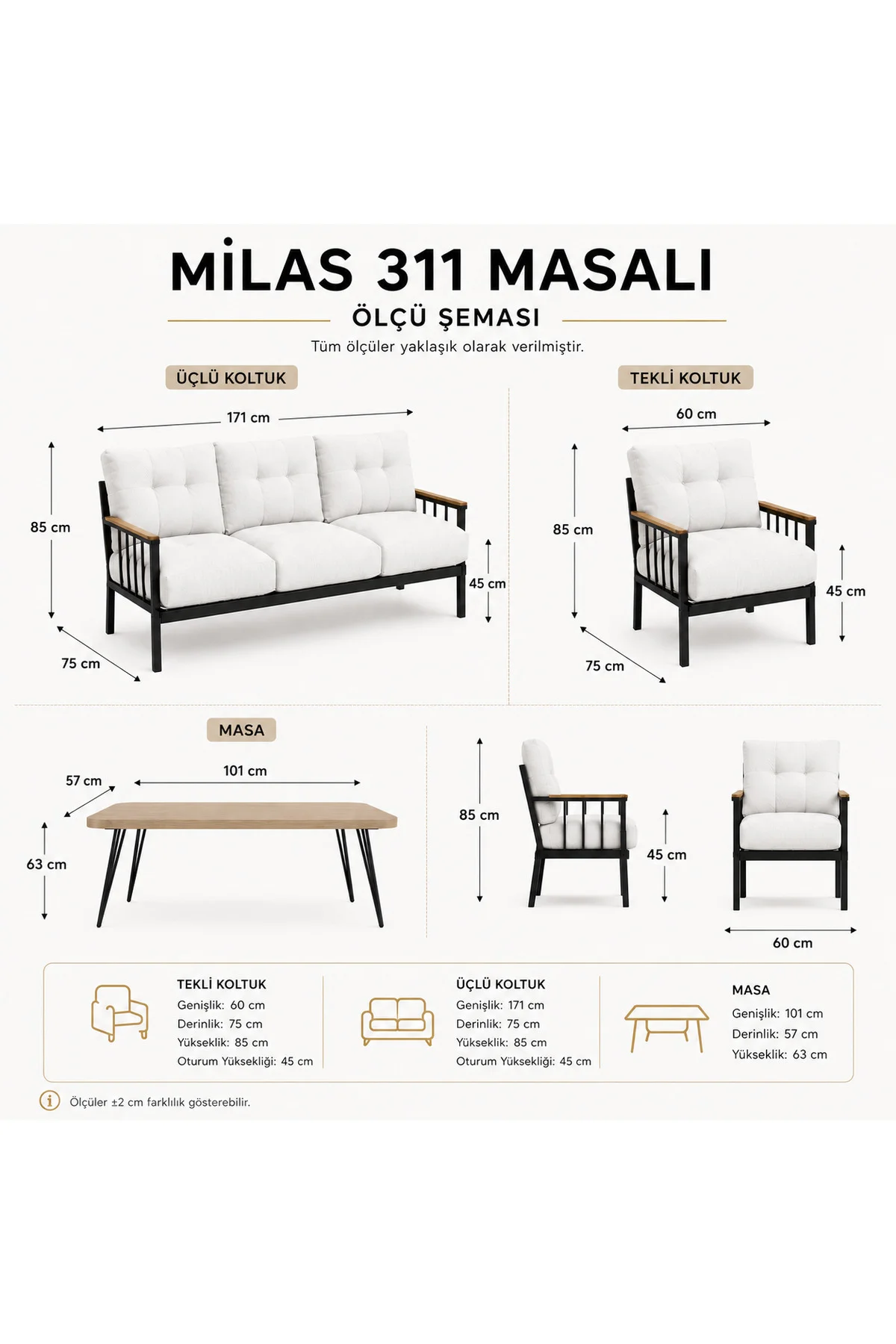 Milas 311 Masalı Krem Bahçe Koltuk Takımı – Balkon & Teras İçin D