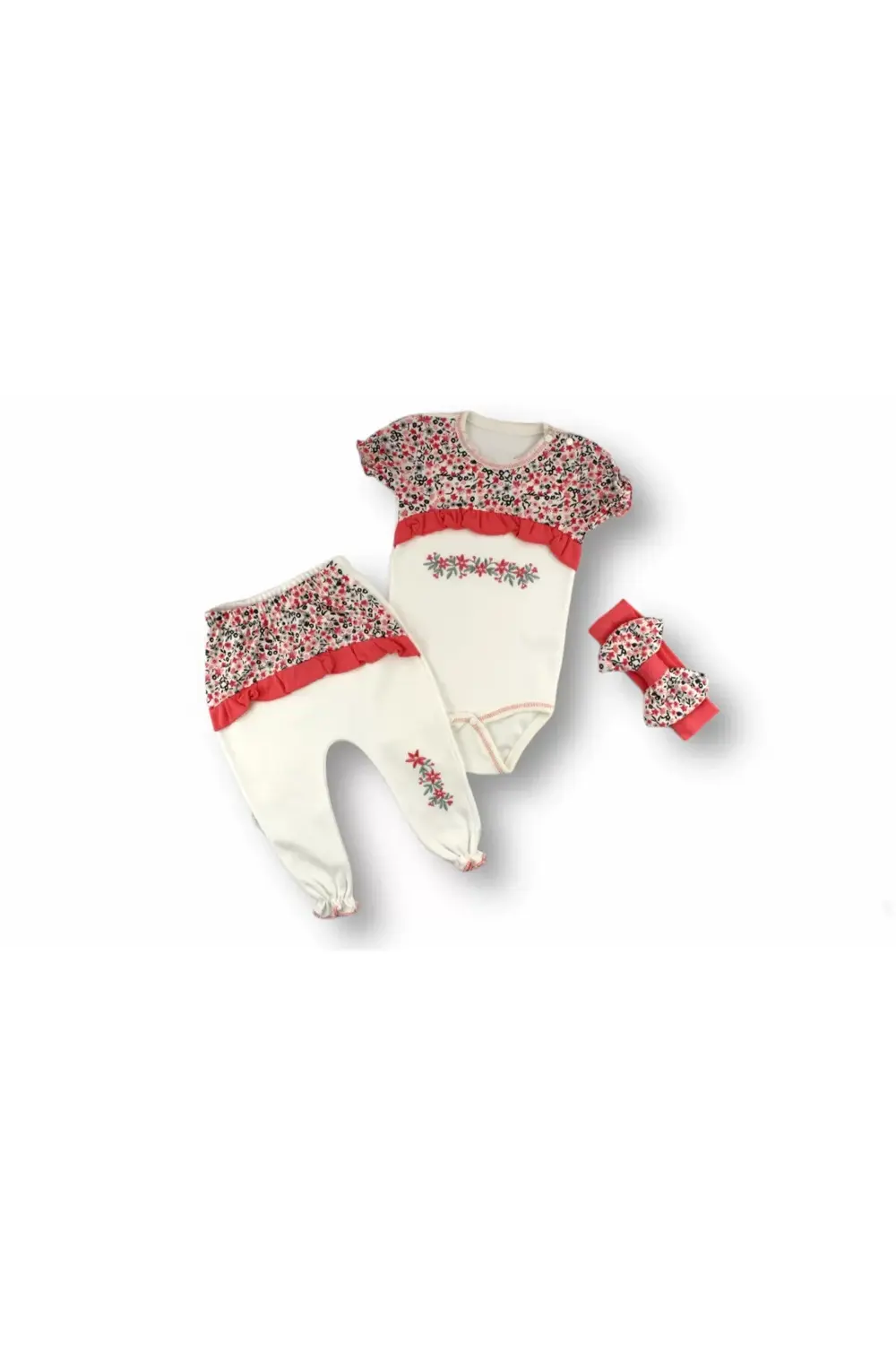 Mimoza Baskılı Bandanalı Kısa Kollu Zıbınlı 3lü Kız Bebek Takımı