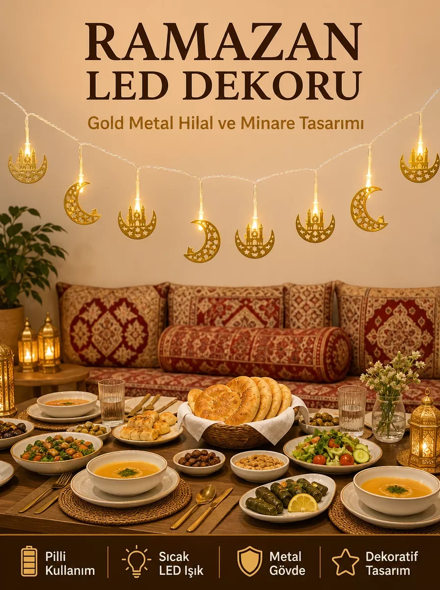 Minareli Hilal LED Işık Gold Metal Gövdeli Pilli Ramazan Dekoru | Sıcak Atmosfer