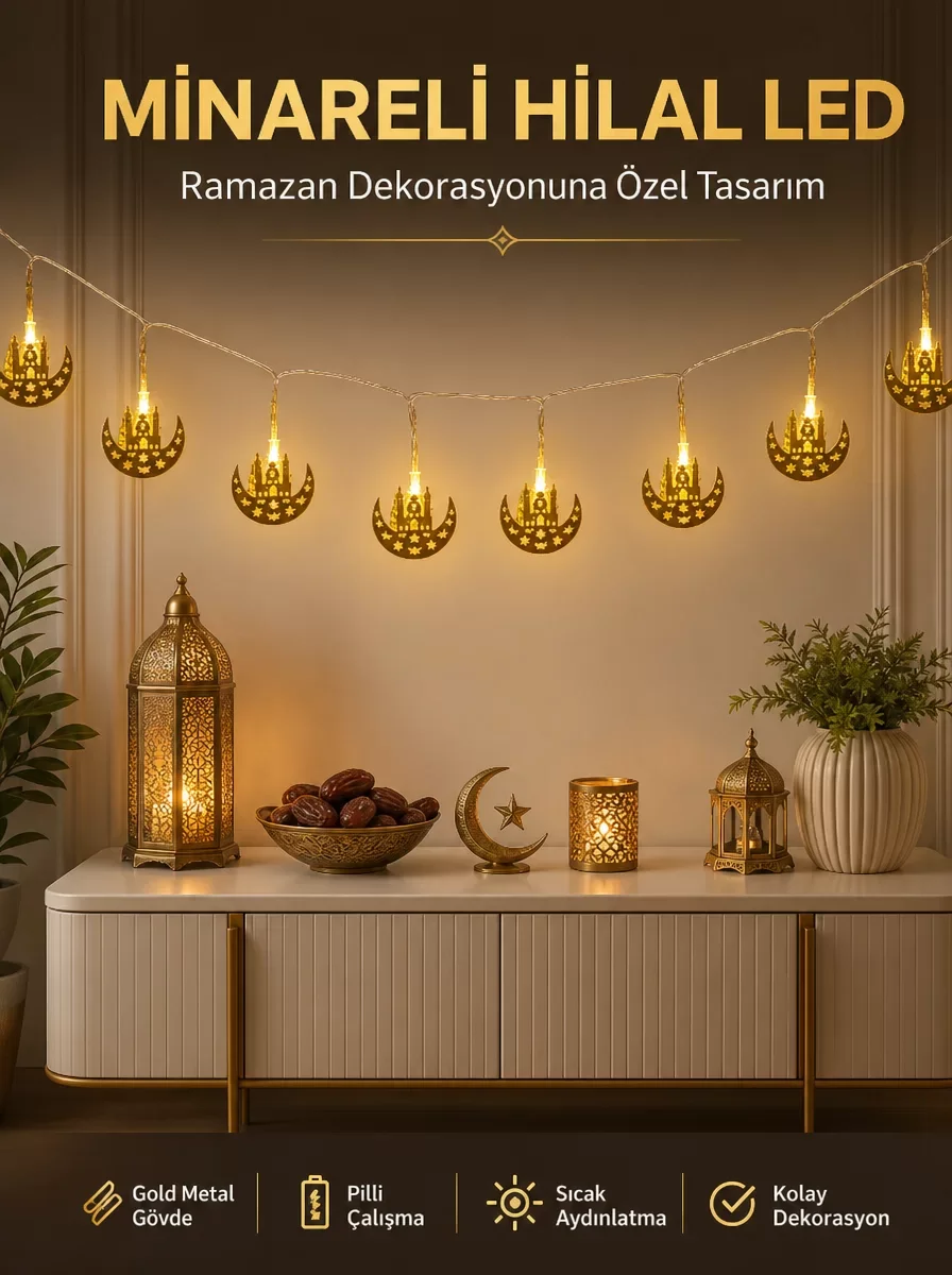 Minareli Hilal LED Işık - Ramazan Iftar Dekorasyonu