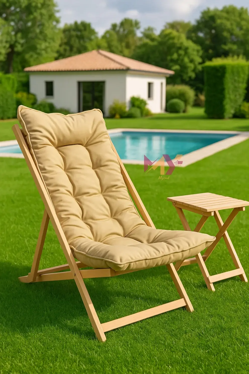 Minderli Katlanır Ahşap Şezlong Takımı – 2 Adet Şezlong + 1 Sehpa