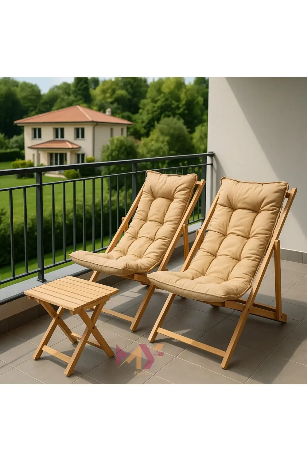 Minderli Katlanır Ahşap Şezlong Takımı – 2 Adet Şezlong + 1 Sehpa
