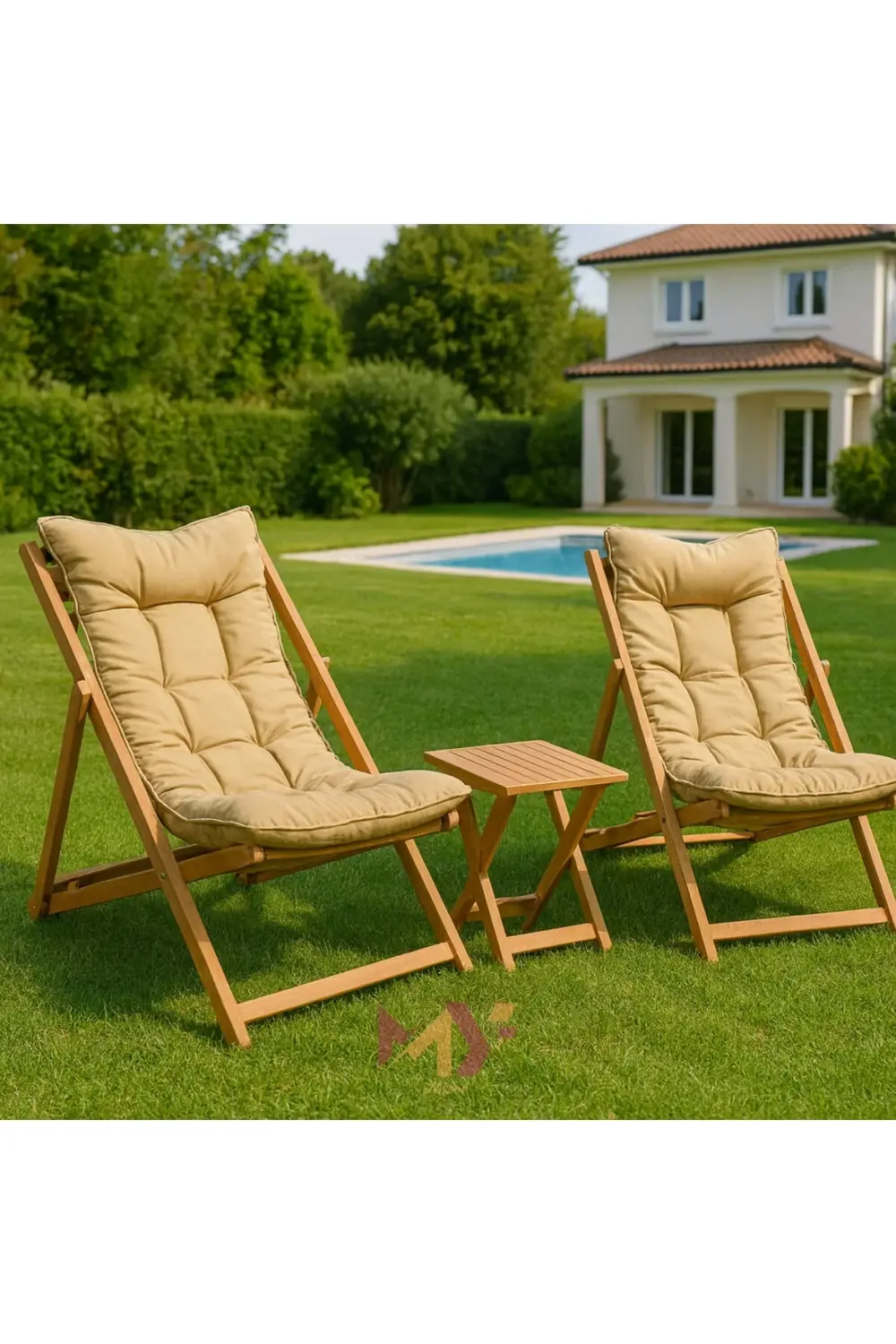 Minderli Katlanır Ahşap Şezlong Takımı – 2 Adet Şezlong + 1 Sehpa