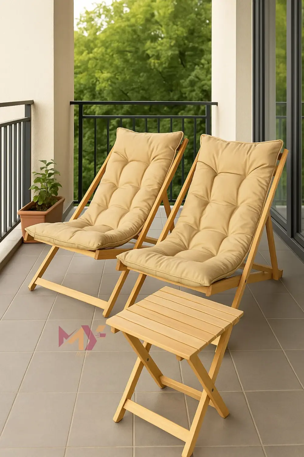 Minderli Katlanır Ahşap Şezlong Takımı – 2 Adet Şezlong + 1 Sehpa