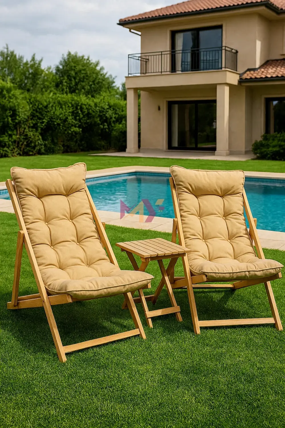 Minderli Katlanır Ahşap Şezlong Takımı – 2 Adet Şezlong + 1 Sehpa
