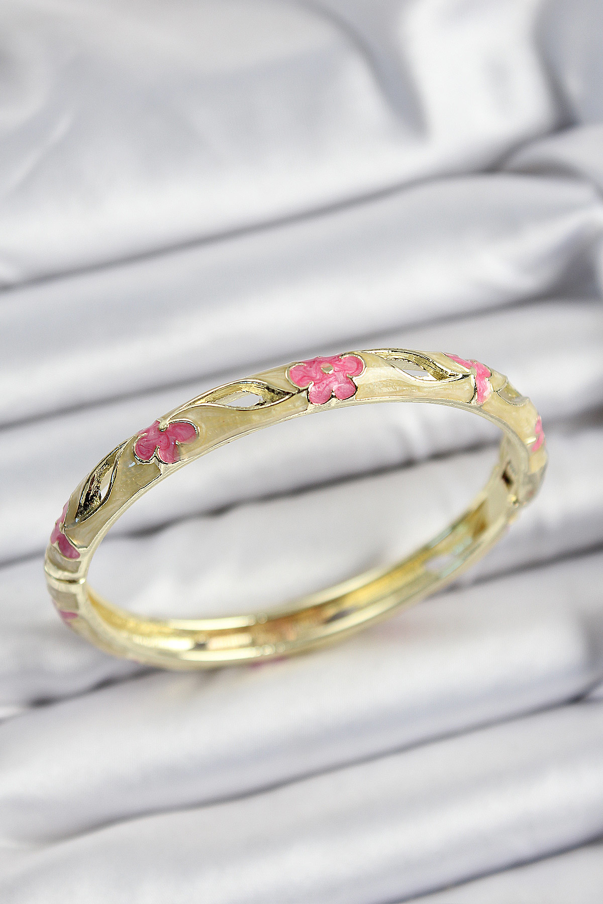 Mineli Pirinç Pembe Ve Hardal Çiçek Motifli Gold Renk Kadın Kelep