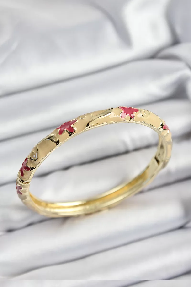 Mineli Pirinç Pembe Ve Krem Çiçek Motifli Gold Renk Kadın Kelepçe - Lisinya