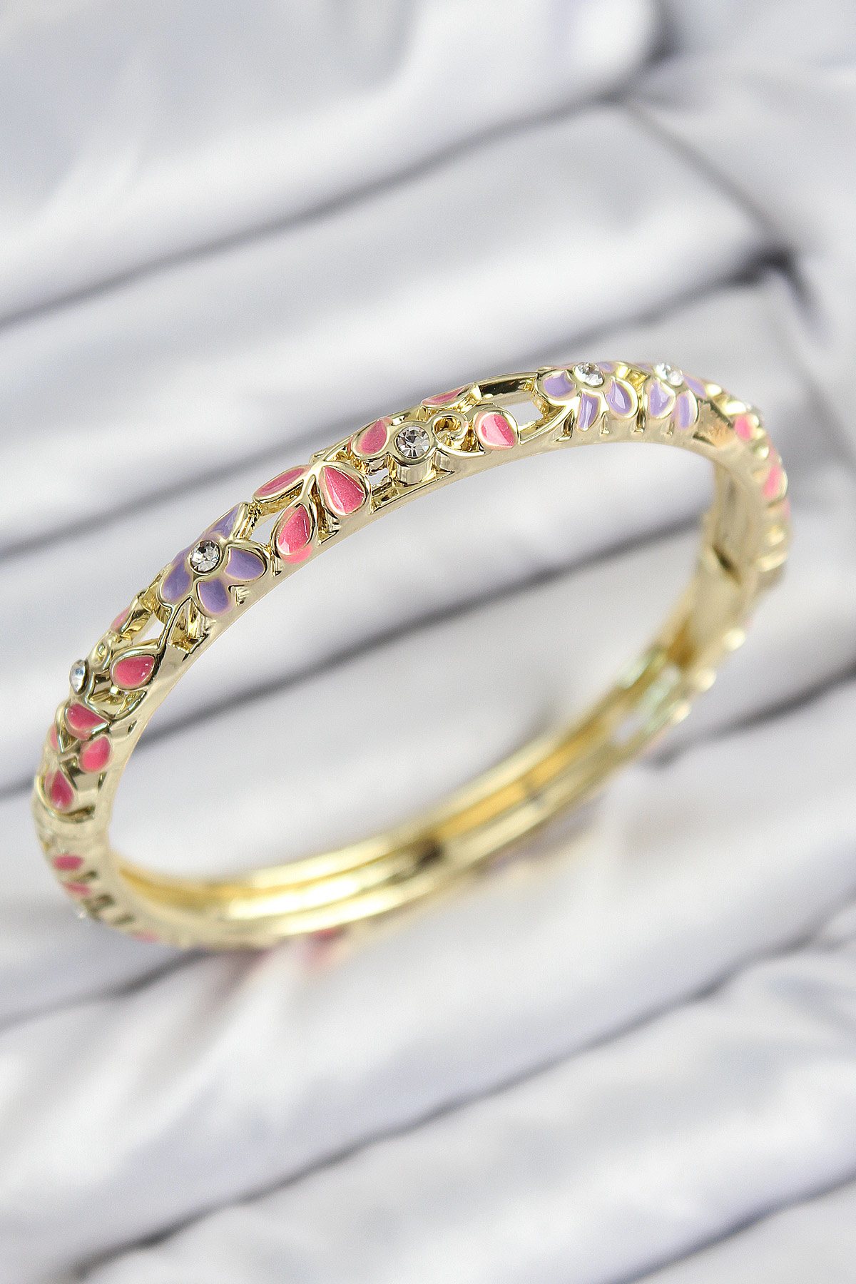 Mineli Pirinç Zirkon Taşlı Pembe Mor Çiçek Motifli Gold Kadın Kel