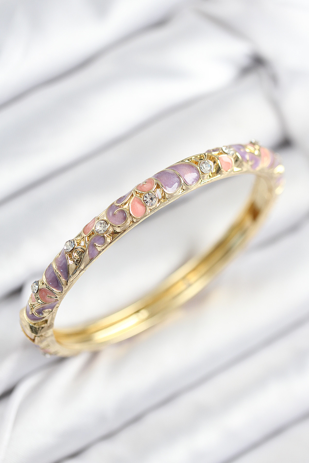 Mineli Pirinç Zirkon Taşlı Pembe Mor Çiçek Motifli Gold Kadın Kel