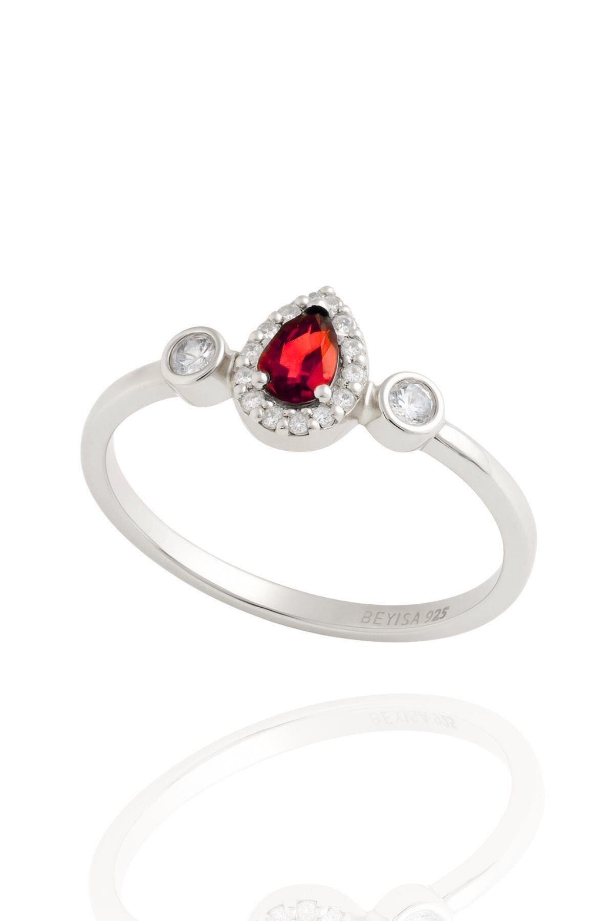Beyisa Minera Serisi 925 Ayar Gümüş Kırmızı Lal Zirkon Taşlı Damla Yüzük