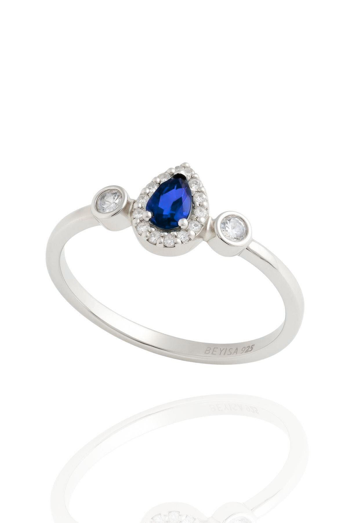 Minera Serisi 925 Ayar Gümüş Mavi Safir Zirkon Taşlı Damla Yüzük