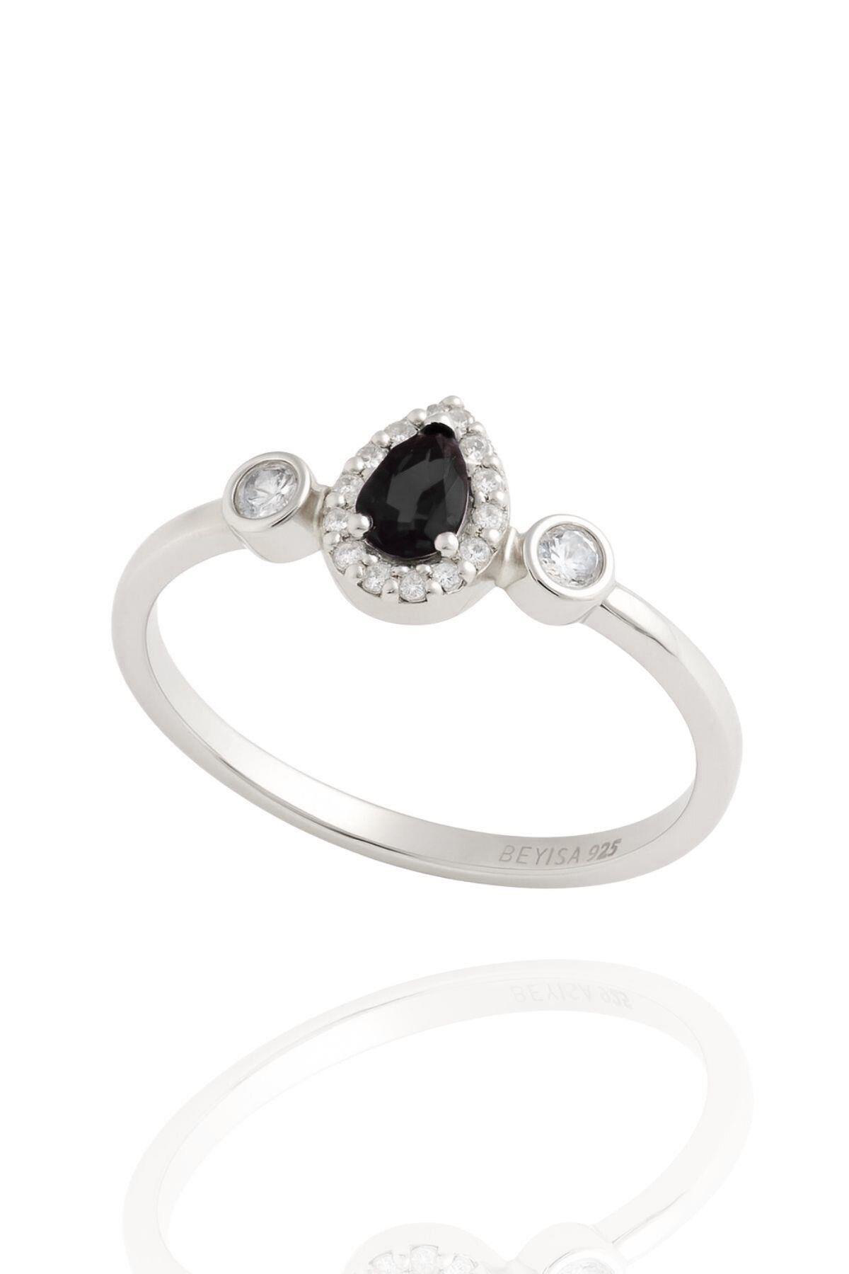 Minera Serisi 925 Ayar Gümüş Siyah Oniks Zirkon Taşlı Damla Yüzük