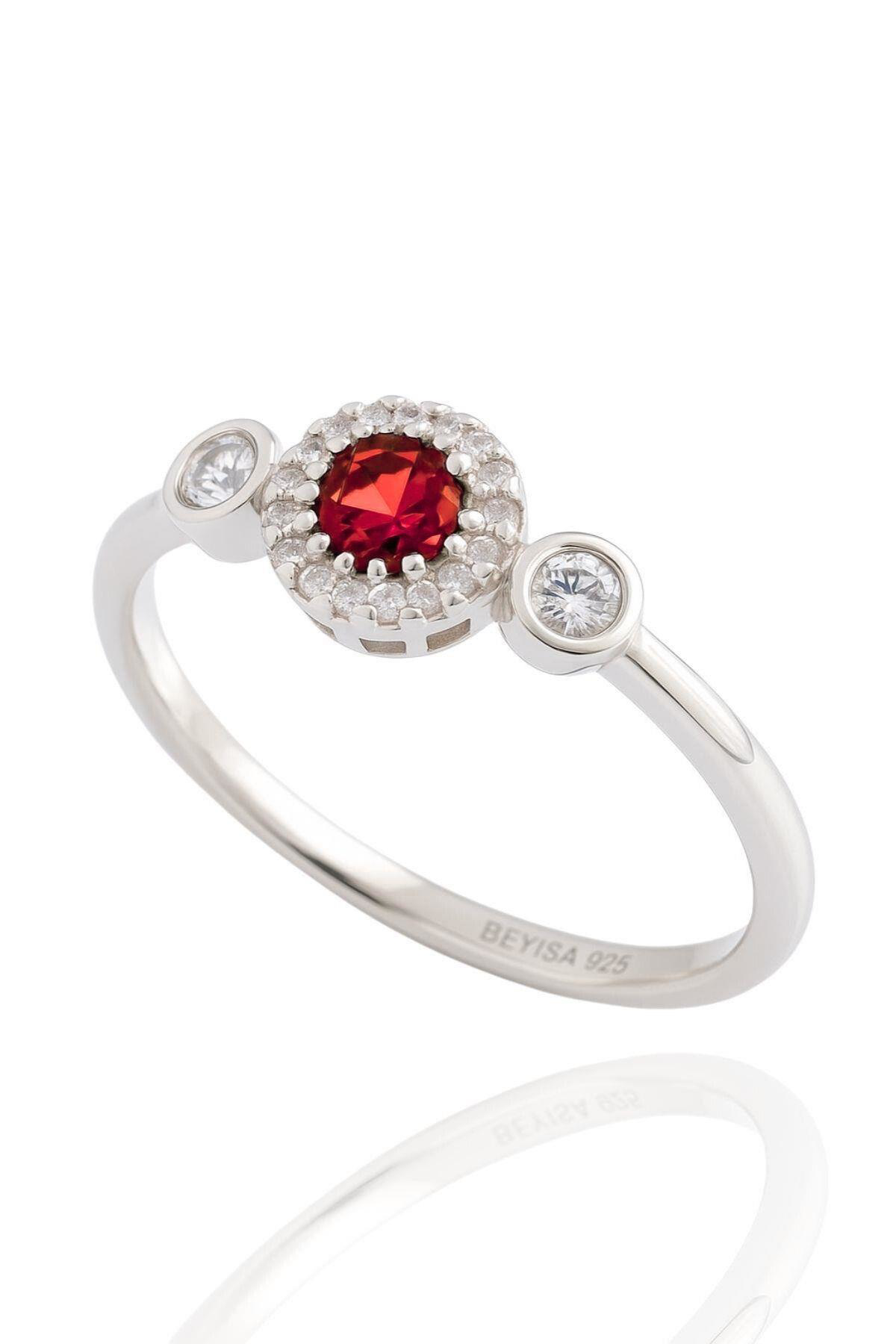 Minera Serisi 925 Ayar Gümüş Kırmızı Lal Zirkon Taşlı Yuvarlak Yü