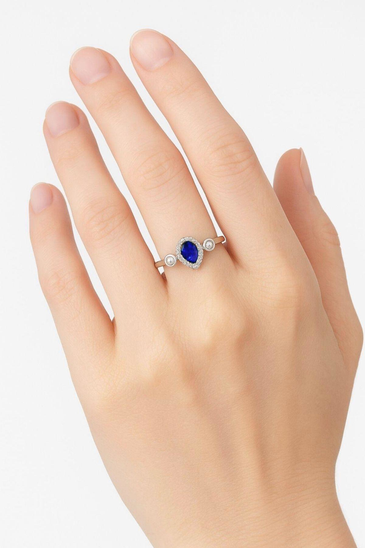 Minera Serisi 925 Ayar Gümüş Mavi Safir Zirkon Taşlı Damla Yüzük