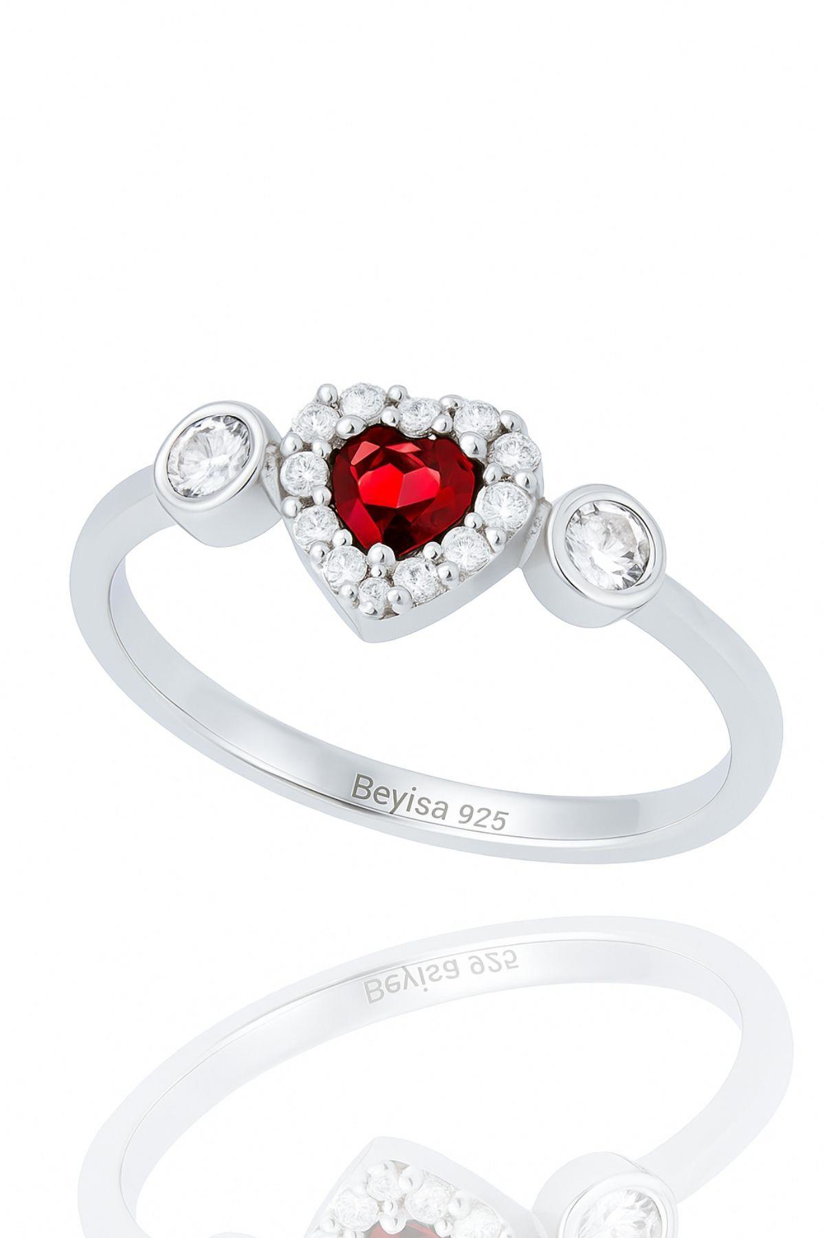 Minera Serisi Kırmızı Lal Zirkon Taşlı Kalp Gümüş Kadın Yüzük