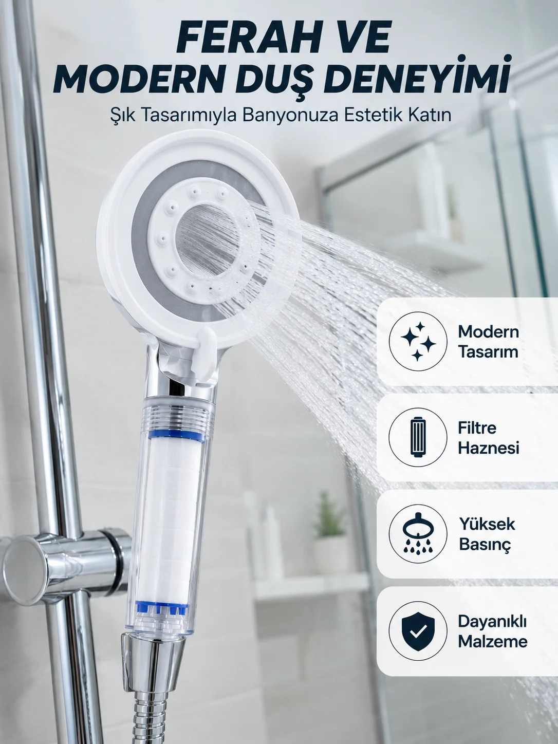 Mineral Taşlı Filtreli Duş Başlığı Güçlü Su Basınçlı Banyo Başlığı