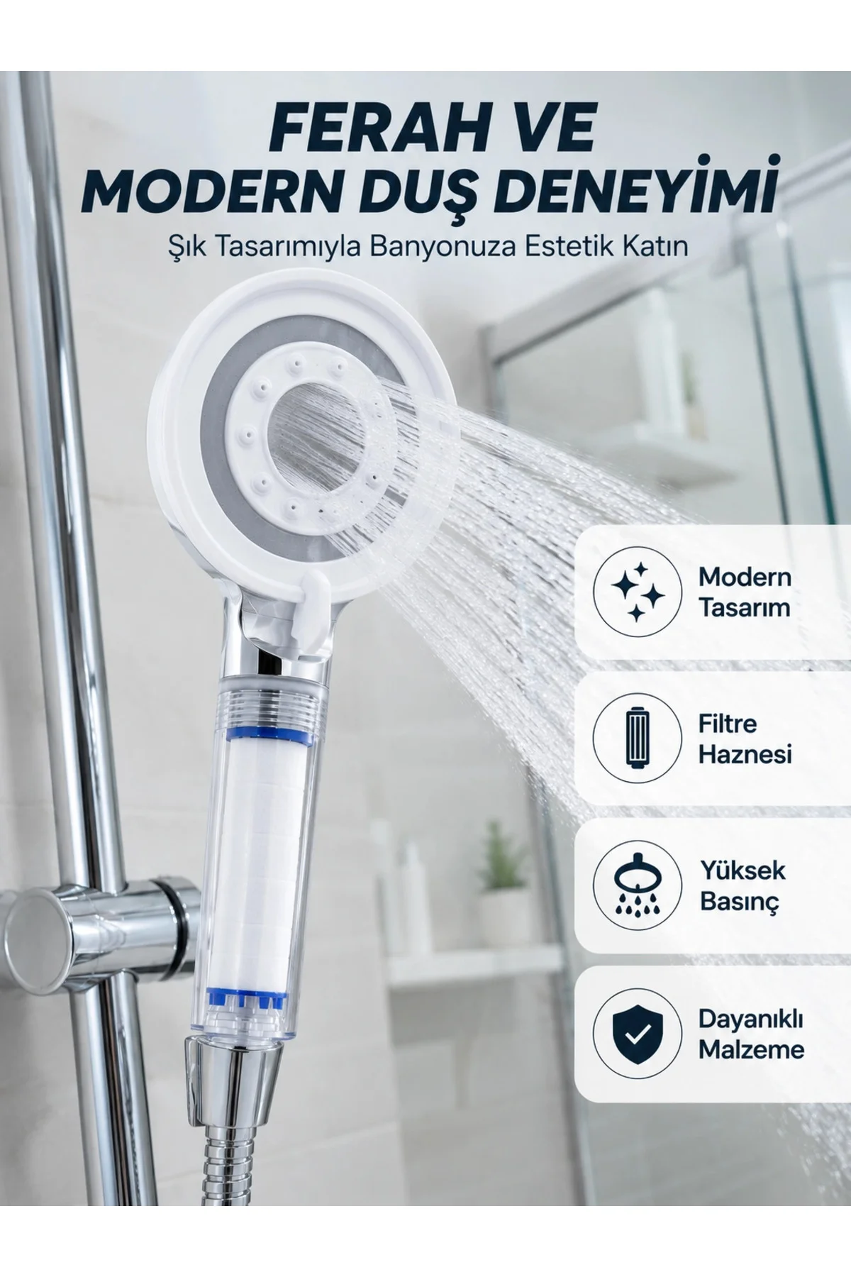 Mineral Taşlı Filtreli Duş Başlığı Güçlü Su Basınçlı Banyo Başlığı Mineral Taşlı Filtreli Duş Başlığı Güçlü Su Basınçlı Banyo Başlığı - Görsel 4