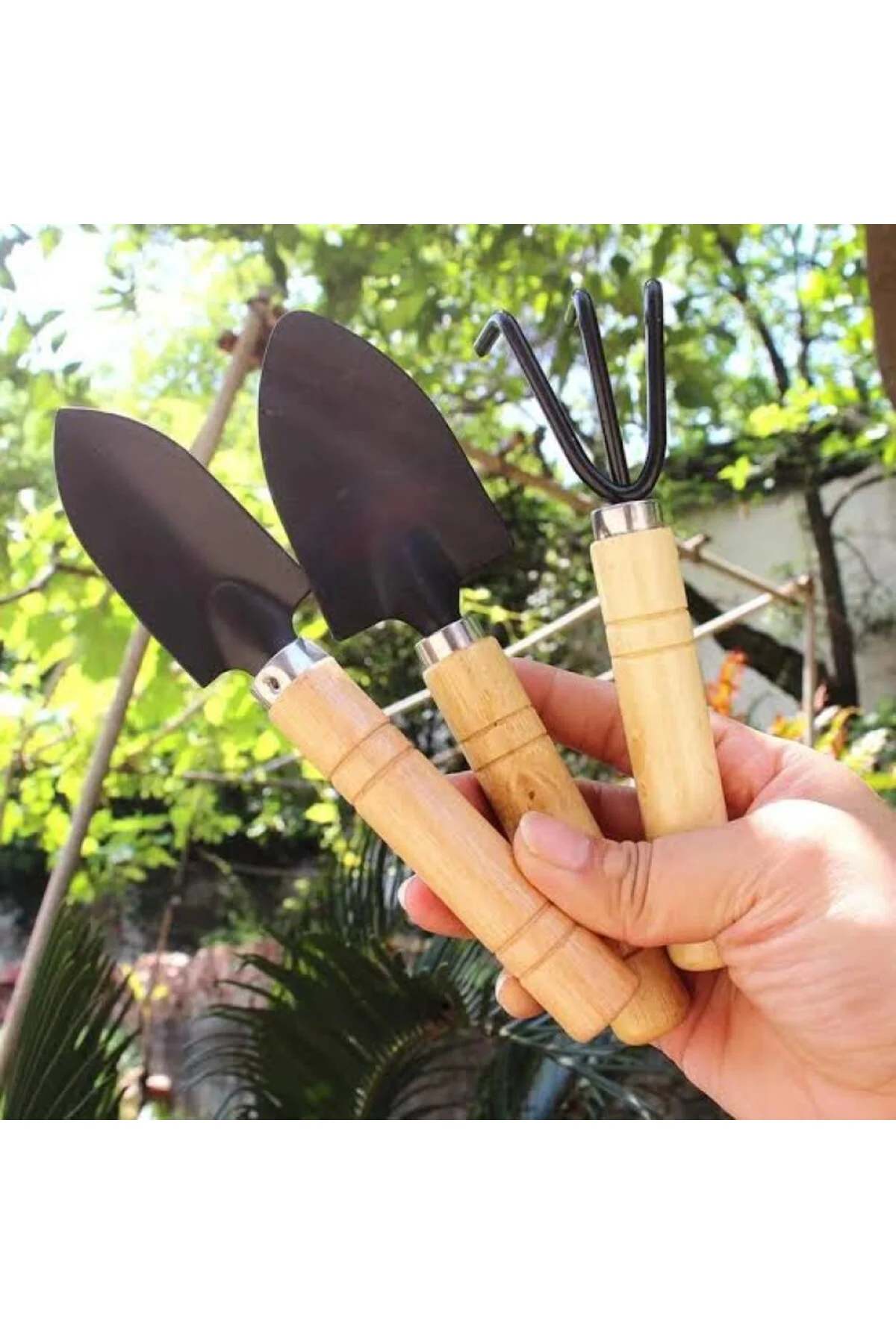 Mini Ahşap Saplı Bahçe Hobi Seti 3 Parça - Paslanmaz Çelik Saksı 