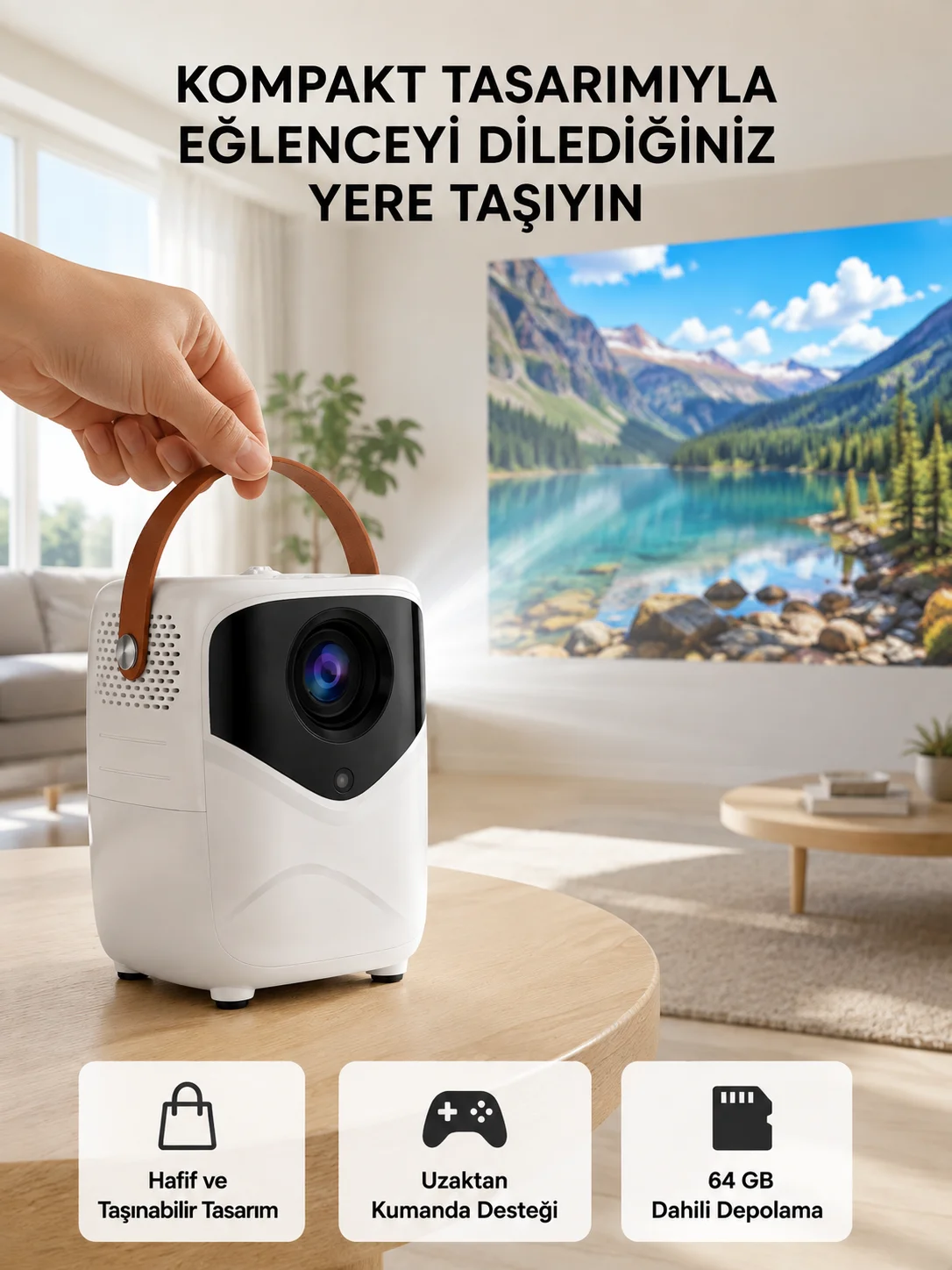 Mini Akıllı Projektör – 1080P Full HD, 64GB Depolama, 2GB RAM, Uzaktan Kumanda Destekli Yeni Nesil