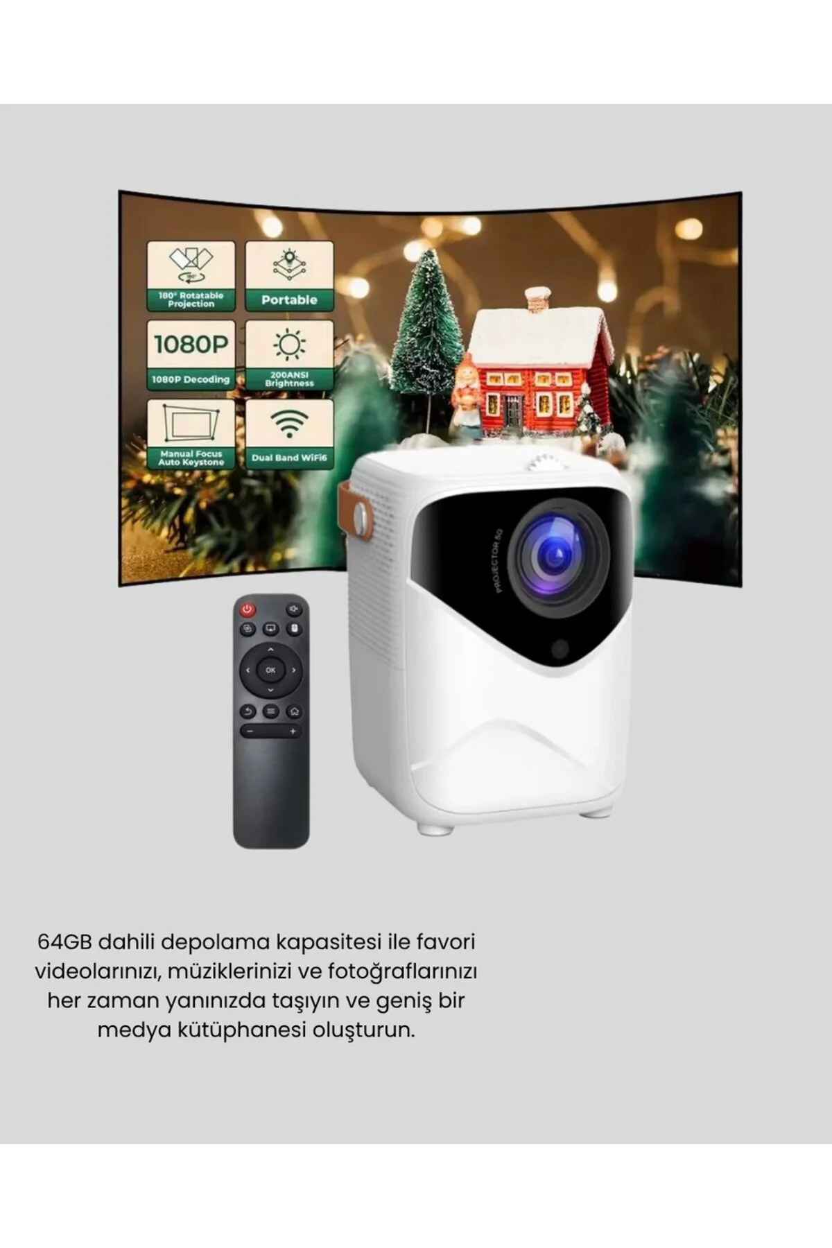 Mini Akıllı Projektör – 1080P Full HD 64GB Depolama 2GB RAM Uzaktan Kumanda Destekli
