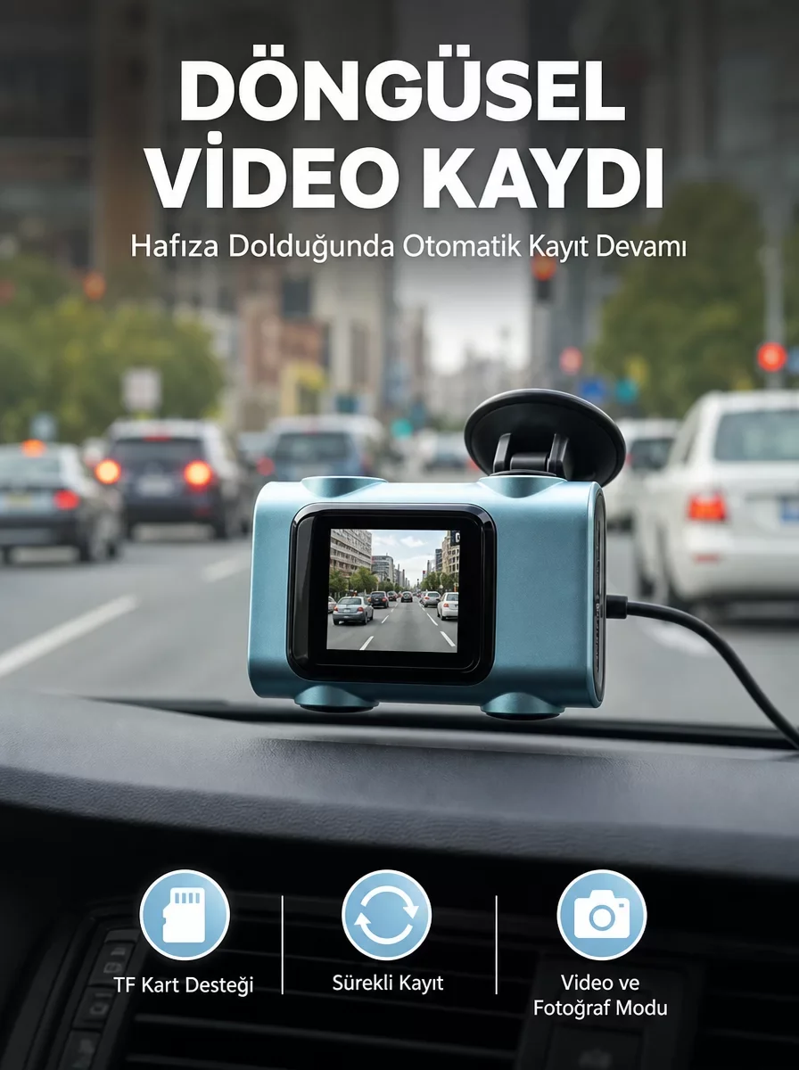 Mini Araç İçi Kamera - Sürekli Kayıt, Geniş Açılı Ön Kamera ve Gece Görüşlü Yeni Nesil