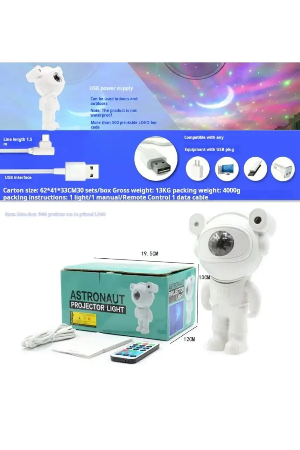 Mini Astronot Galaksi Işık Projektör Led Işıklı Gece Lambalı Yıld