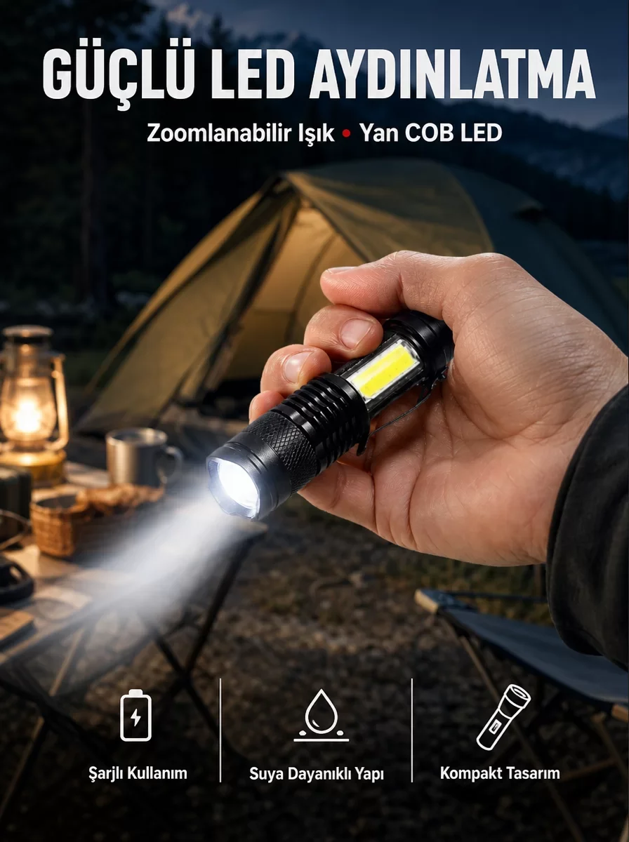 Mini Boy LED El Feneri - 2000 Lümen Su Geçirmez Tasarım Yeni Nesil