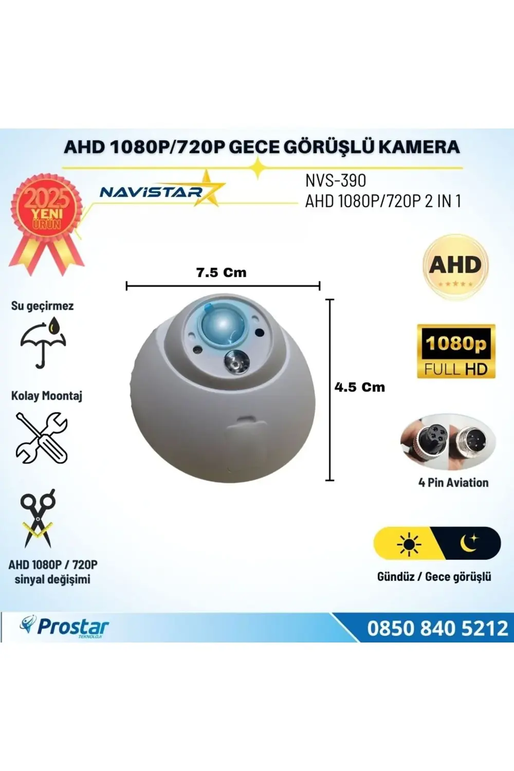 Mini Boyutlu AHD 1080P ve 720P Dönüşümlü Gece Görüşlü Dome Kamera