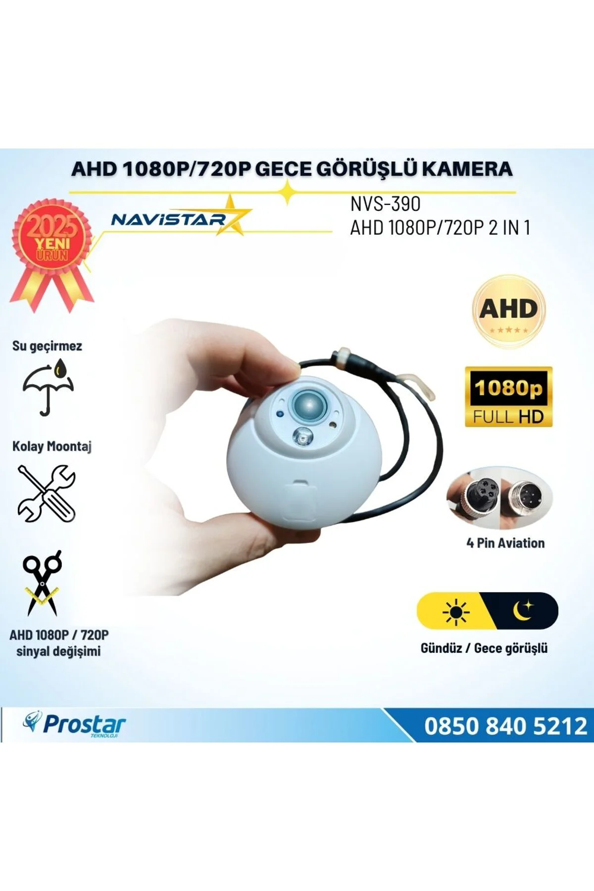 Mini Boyutlu AHD 1080P ve 720P Dönüşümlü Gece Görüşlü Dome Kamera