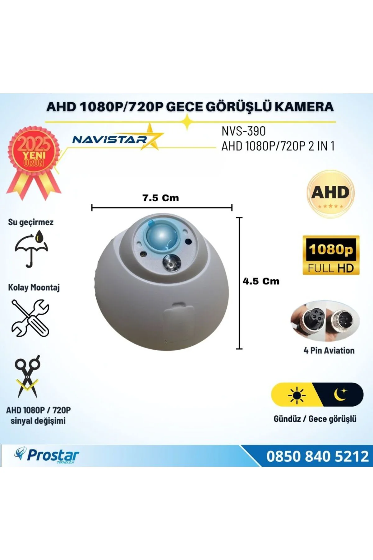 Mini Boyutlu AHD 1080P ve 720P Dönüşümlü Gece Görüşlü Dome Kamera