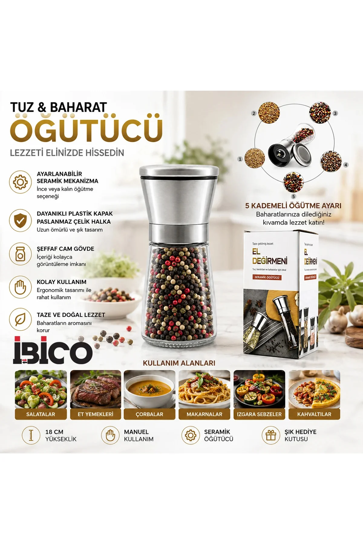 Mini Cam Hazneli Tuz ve Baharat Öğütücü - Krom Kaplama