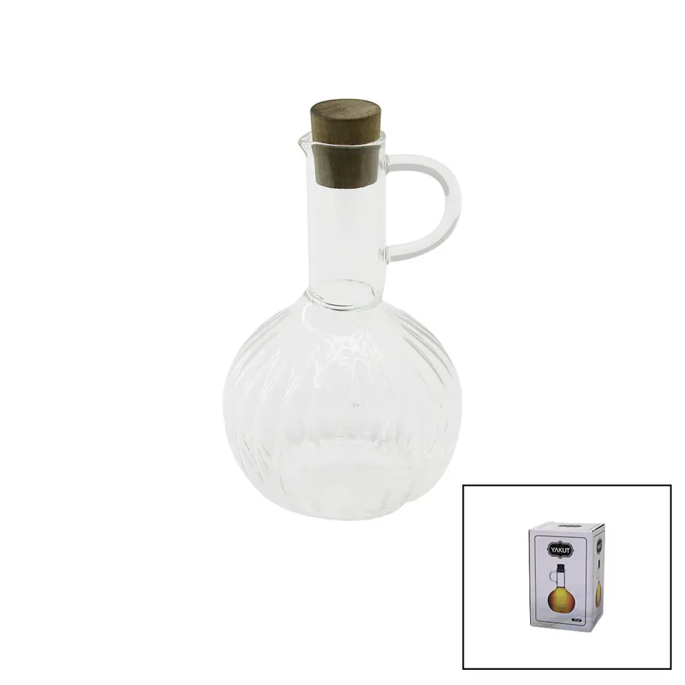 MİNİ CAM YAĞDANLIK ÇİZGİLİ DESEN 300ML AHŞAP BAMBU MANTAR TIPA (4