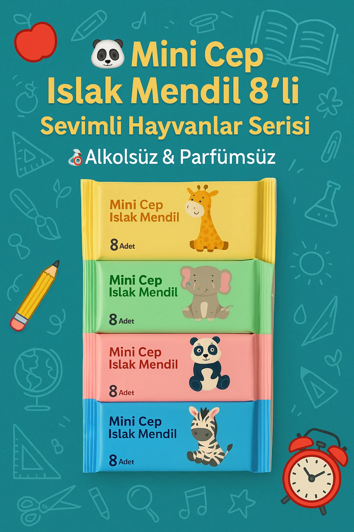 Mini Cep Islak Mendil 1 Adet 8’li – Sevimli Hayvanlar Serisi – Alkolsüz & Parfümsüz Mini Cep Islak Mendil 1 Adet 8’li – Sevimli Hayvanlar Serisi – Alkolsüz & Parfümsüz