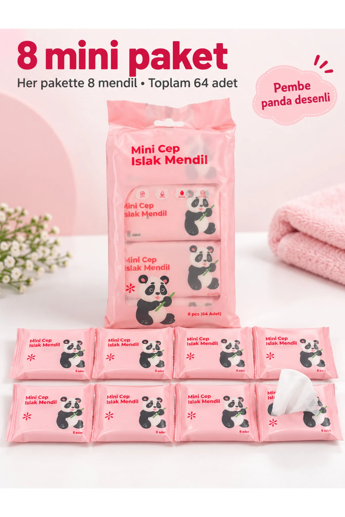 Mini Cep Islak Mendil Hayvan Desenli 8 Paket x 8 Adet – Toplam 64 Adet, Karışık Renk