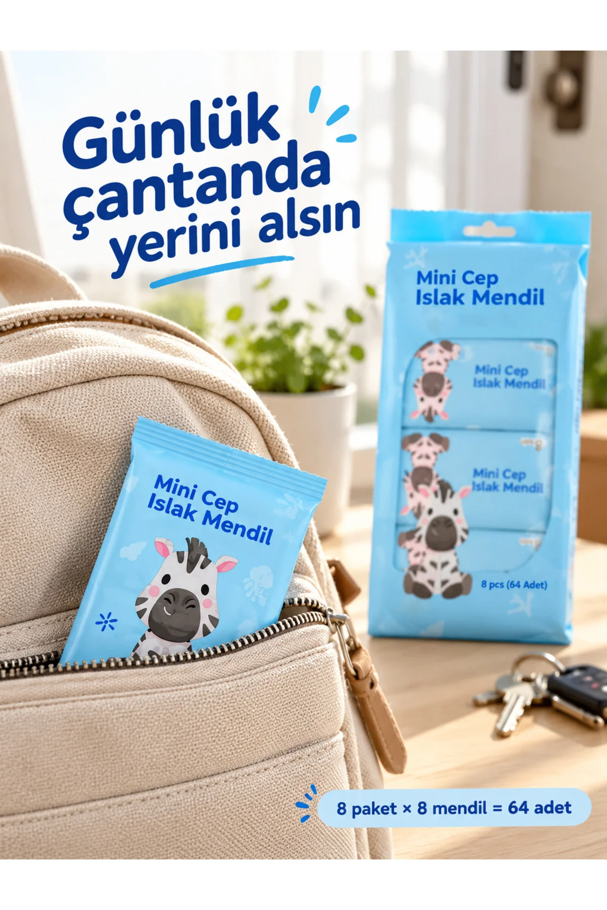 Mini Cep Islak Mendil Hayvan Desenli 8 Paket x 8 Adet – Toplam 64 Adet, Karışık Renk