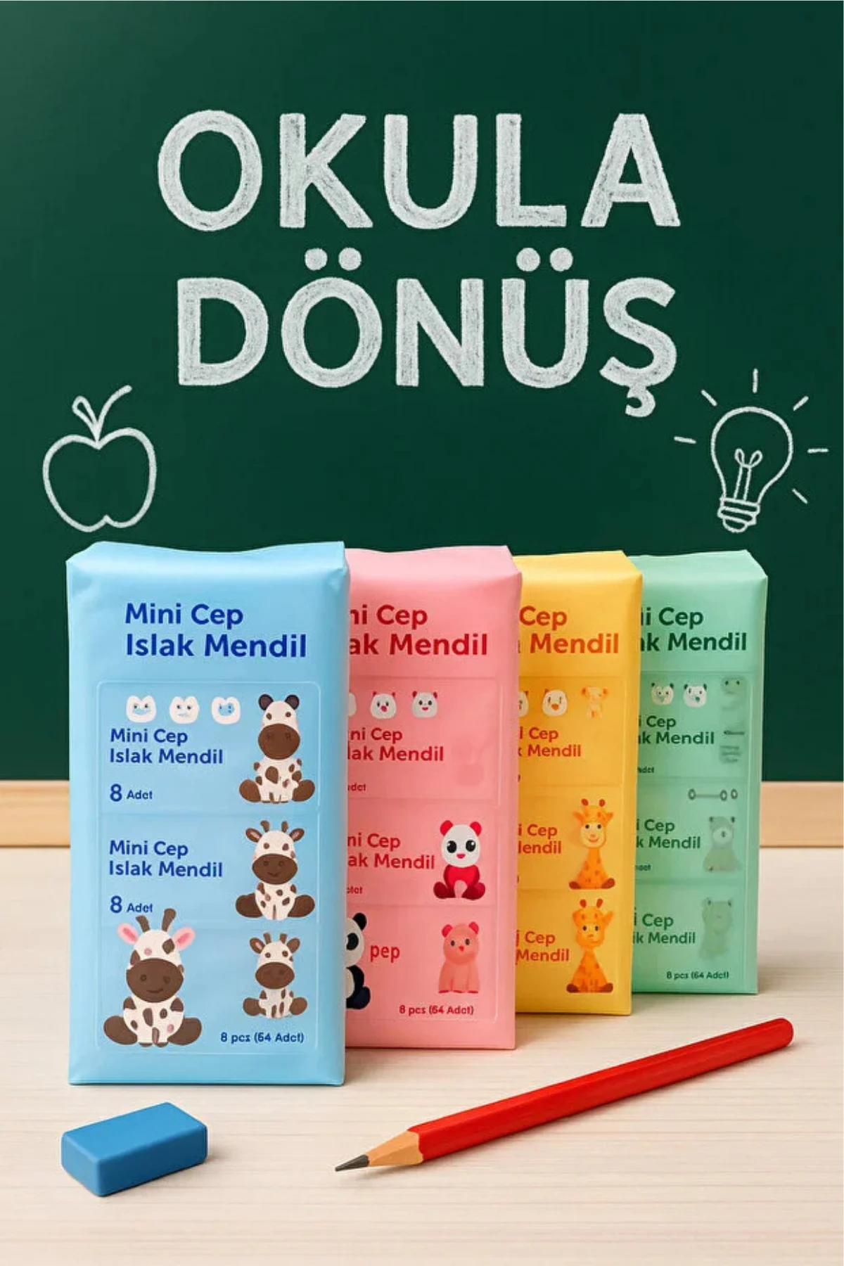Mini Cep Islak Mendili 4 Paket 8'li – Sevimli Hayvanlar Serisi – (4 x 8 x 8)
