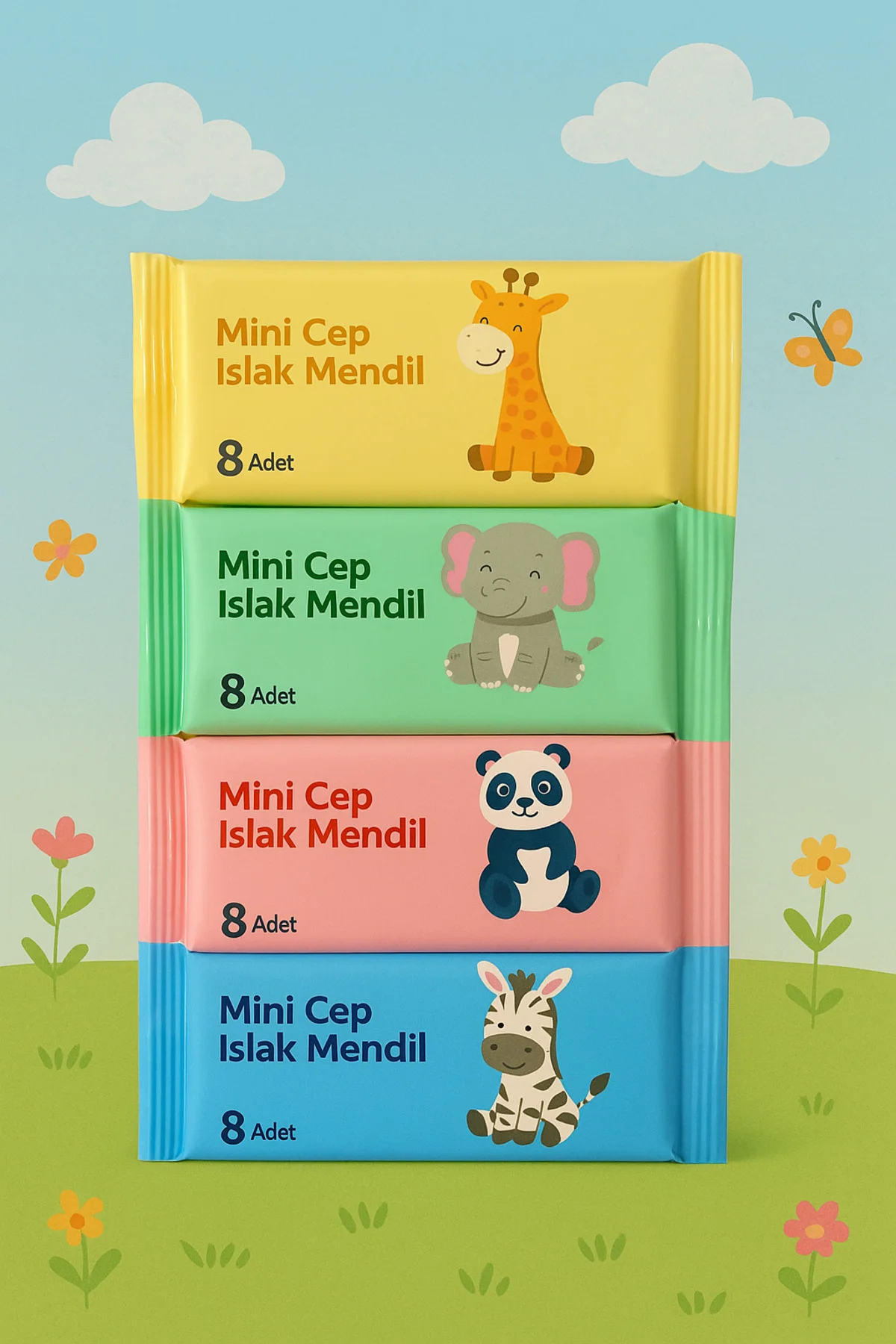 Mini Cep Islak Mendili 4 Paket 8'li – Sevimli Hayvanlar Serisi – (4 x 8 x 8)