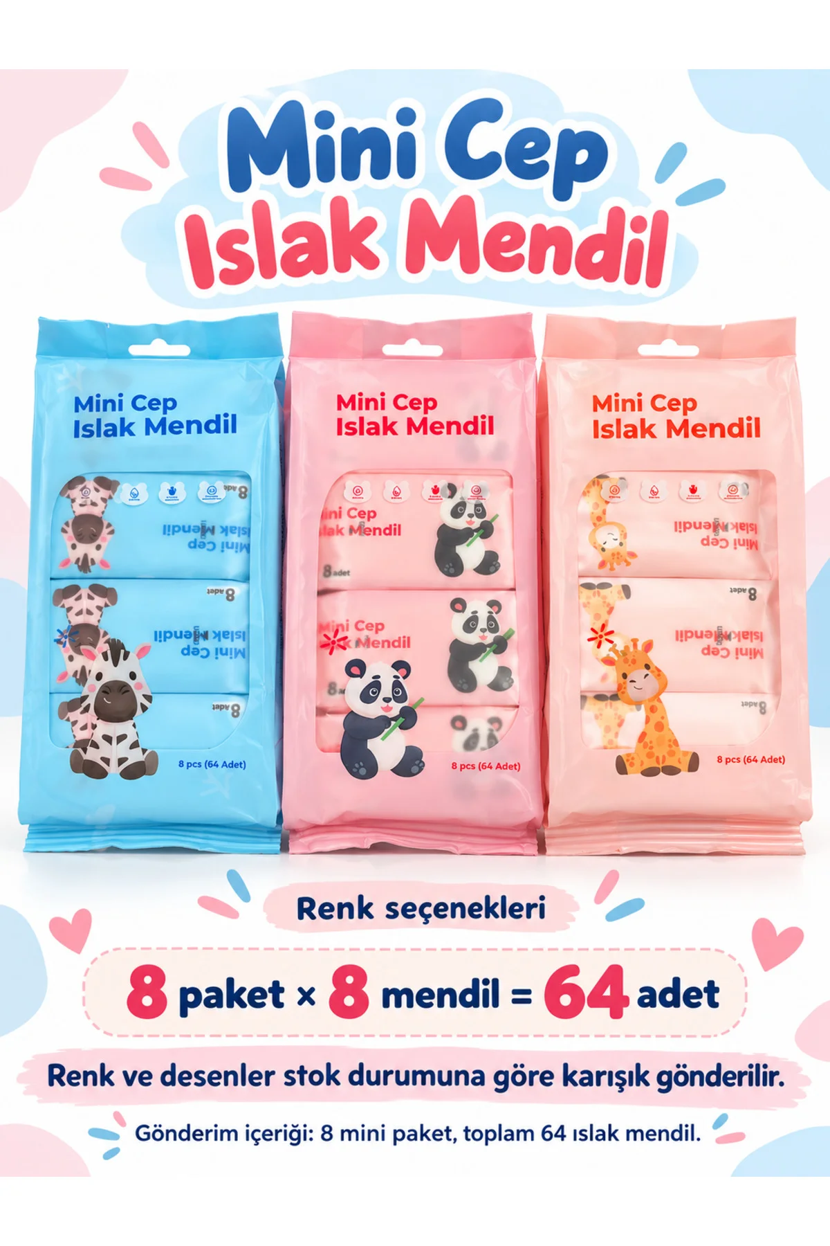 Mini Cep Islak Mendil Hayvan Desenli 8 Paket x 8 Adet – Toplam 64 Adet, Karışık Renk