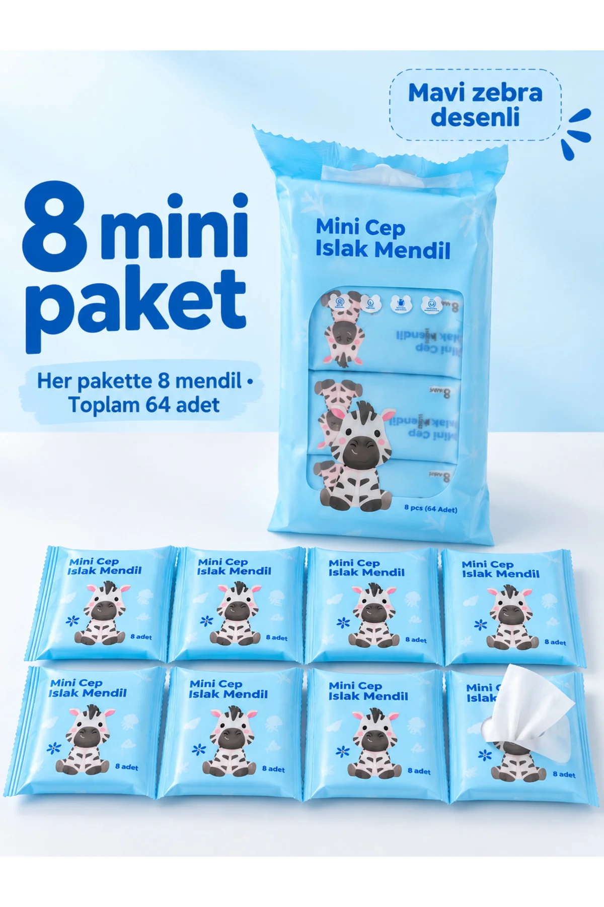 Mini Cep Islak Mendil Hayvan Desenli 8 Paket x 8 Adet – Toplam 64 Adet, Karışık Renk