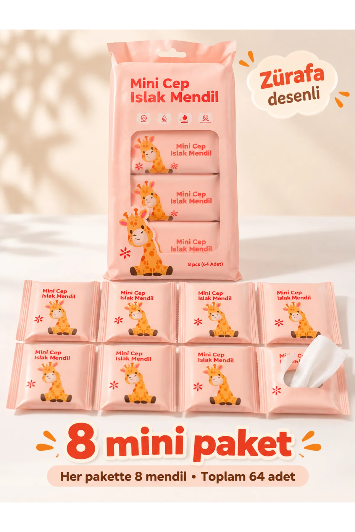 Mini Cep Islak Mendil Hayvan Desenli 8 Paket x 8 Adet – Toplam 64 Adet, Karışık Renk
