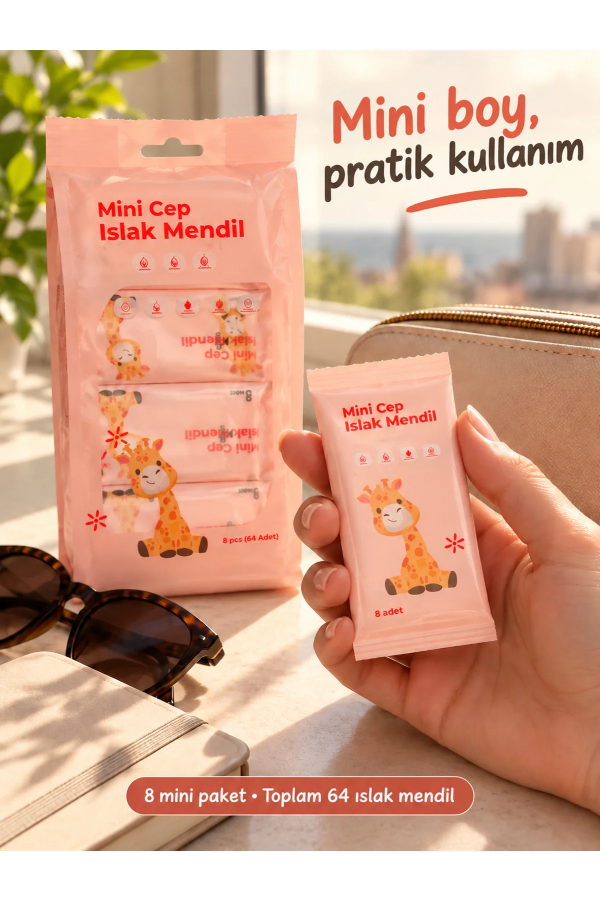 Mini Cep Islak Mendil Hayvan Desenli 8 Paket x 8 Adet – Toplam 64 Adet, Karışık Renk