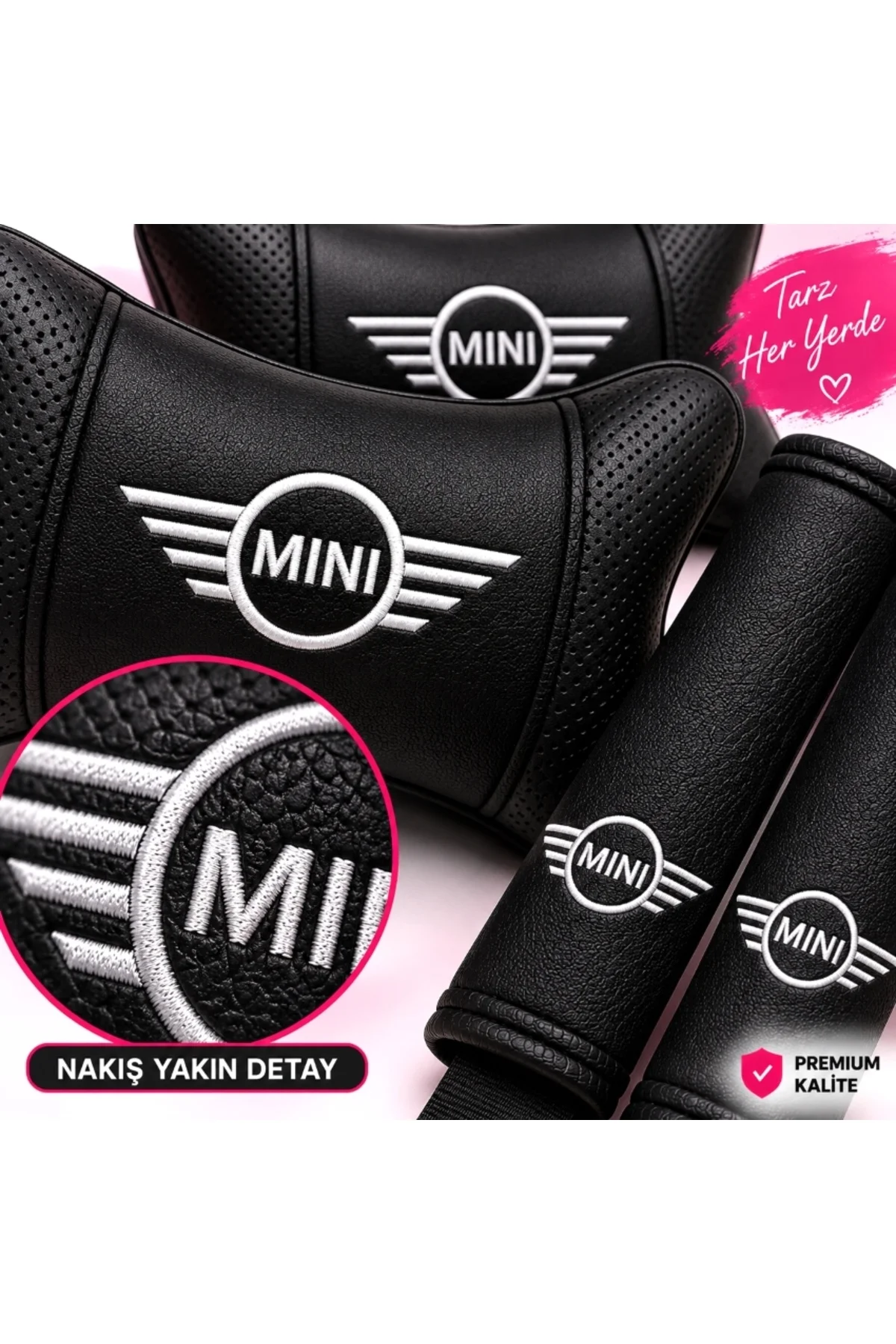 Mini Cooper 4 Parça Oto Boyun Yastığı ve Emniyet Kemer Pedi Seti – 2 Yastık + 2 Kemer Pedi, Siyah Nakışlı - Görsel 2