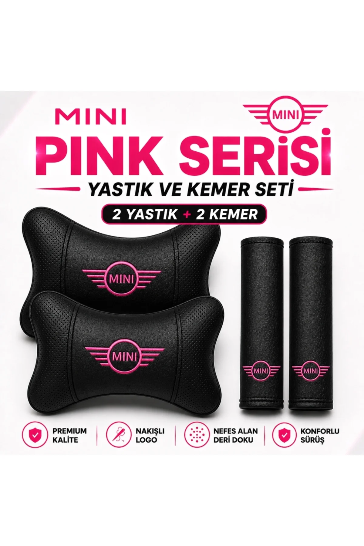 Mini Cooper Pink Serisi 2’li Boyun Yastığı + 2’li Emniyet Kemer Pedi Seti Siyah Pembe Nakışlı Mini Cooper Pink Serisi 2’li Boyun Yastığı + 2’li Emniyet Kemer Pedi Seti Siyah Pembe Nakışlı