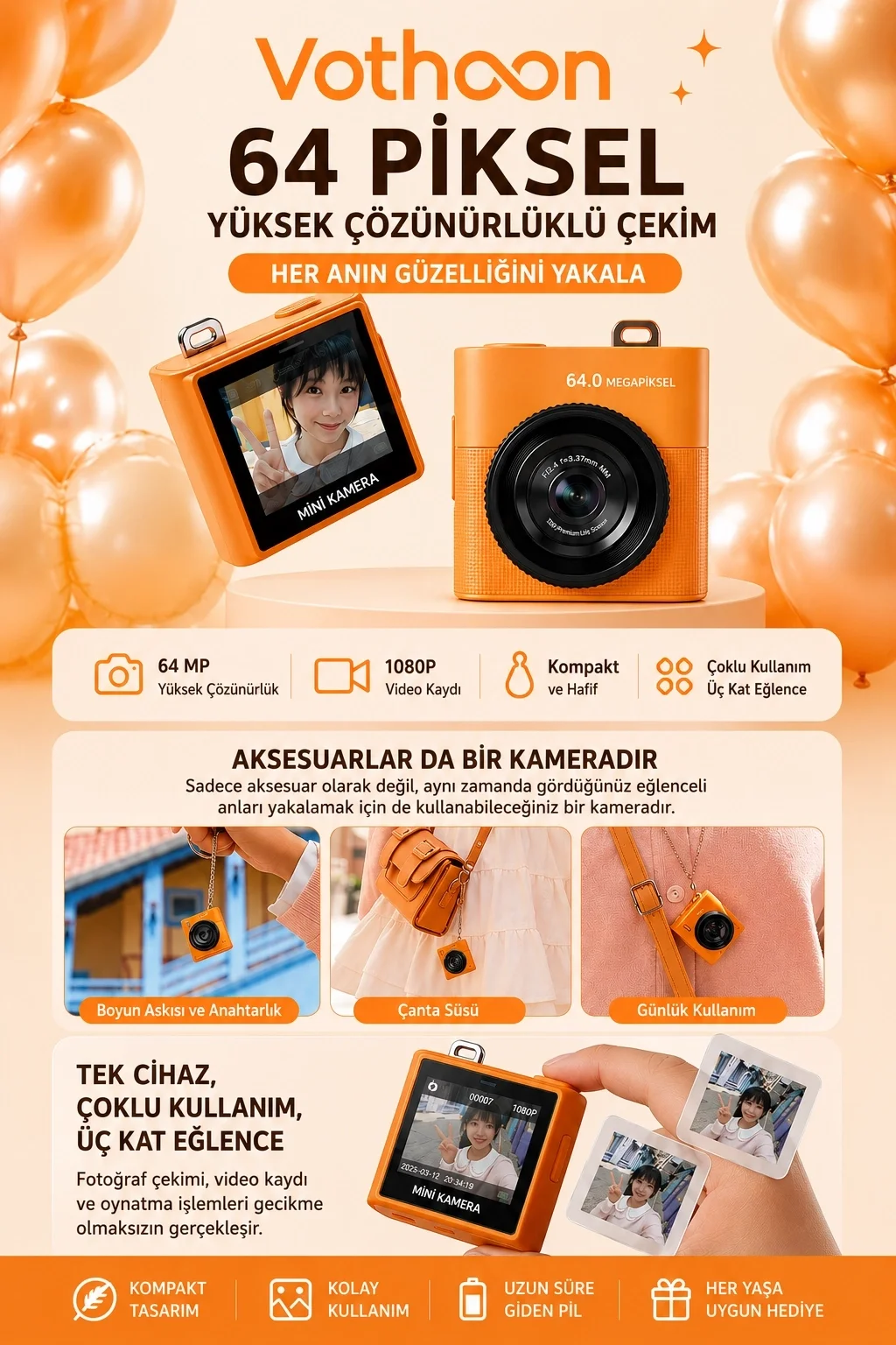 Mini Dijital Kamera 64mp 16x Digital Zoom Retro Vintage 1.4’’ekranlı Video Kamera Taşınabilir Tasarım Turuncu Mini Dijital Kamera 64mp 16x Digital Zoom Retro Vintage 1.4’’ekranlı Video Kamera Taşınabilir Tasarım Turuncu