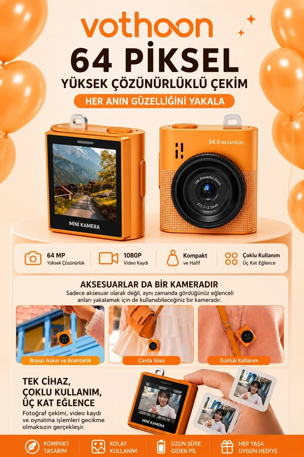 Mini Dijital Kamera 64mp 16x Digital Zoom Retro Vintage 1.4’’ekranlı Video Kamera Taşınabilir Tasarım Turuncu Mini Dijital Kamera 64mp 16x Digital Zoom Retro Vintage 1.4’’ekranlı Video Kamera Taşınabilir Tasarım Turuncu