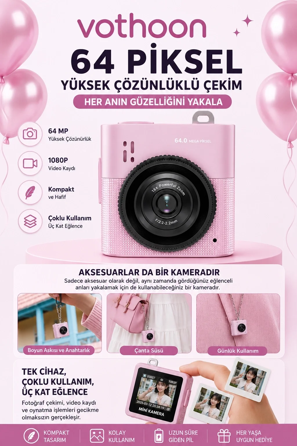 Mini Dijital Kamera 64mp 16x Digital Zoom Retro Vintage 1.4’’ekranlı Video Kamera Taşınabilir Tasarım Pembe Mini Dijital Kamera 64mp 16x Digital Zoom Retro Vintage 1.4’’ekranlı Video Kamera Taşınabilir Tasarım Pembe