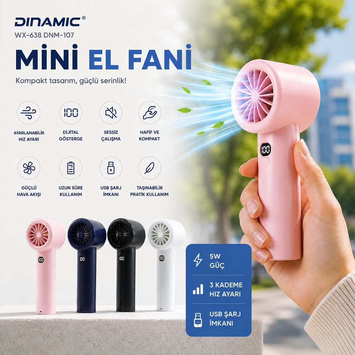 Mini El Fanı Renki Ayarlanabilir Hız Ayarı Dijital Gösterge Fan - Vantilatör 5W WX-638 Herhangi Bir Renk Gönderilir Fiyatı, Yorumları ve Özellikleri