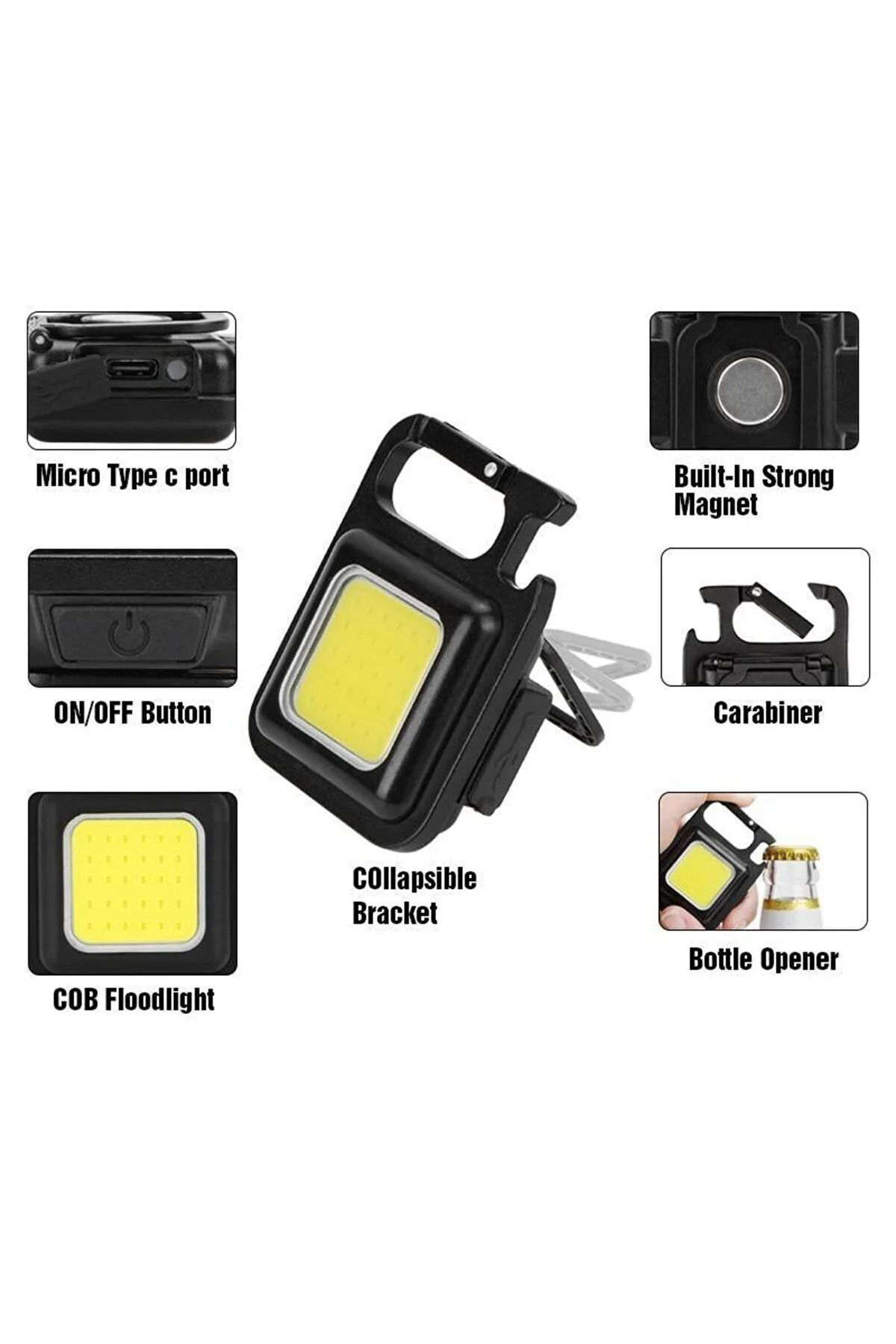Mini El Feneri Led Mıknatıslı, Ayaklı, Anahtarlıklı Kamp, Acil Durum 800 Lümen 30 Cob